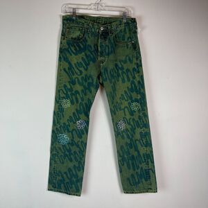 Collina Strada Levi's Men's Rhinestone Flowers Straight Leg Green Jeans 28